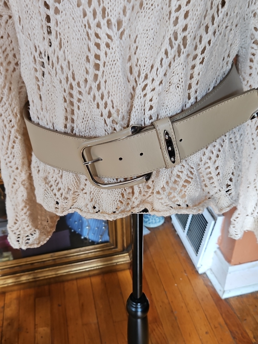 Per Se Cream Leather Belt with Silver Leather Wrap Buckle